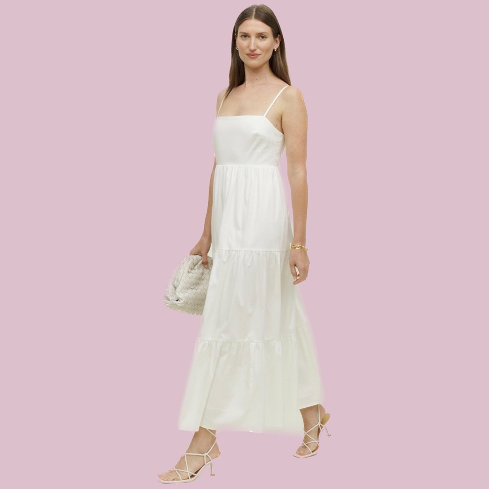 Reformation East Maxi Dress Tiered Square Neck White Open Back Sundress Size XS